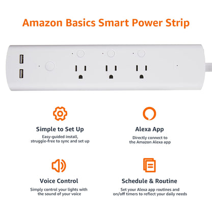 Amazon Basics Smart Plug Power Strip with 3 Individually Controlled Outlets and 2 USB-A Ports, Works with Alexa Only, 2.4 GHz Wi-Fi, No Hub Required, White