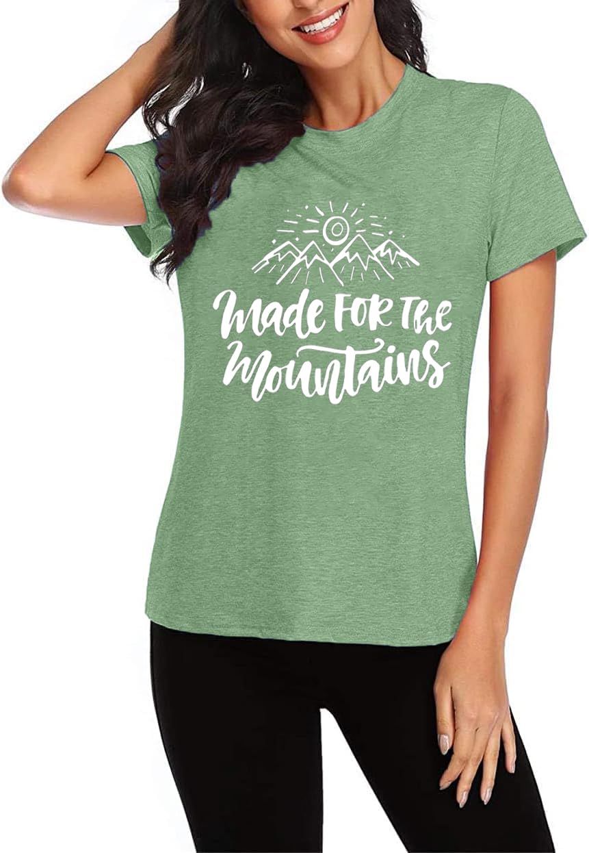 Adventure Awaits T-Shirts for Women Cute Sunshine Mountain Graphic Tees Camping Hiking Lover Gift T-Shirt Casual Comfy Clothes-2XL (Light Green)