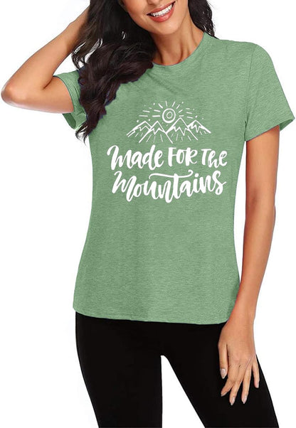 Adventure Awaits T-Shirts for Women Cute Sunshine Mountain Graphic Tees Camping Hiking Lover Gift T-Shirt Casual Comfy Clothes-2XL (Light Green)