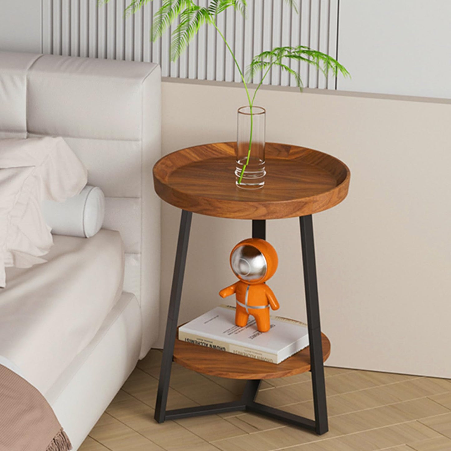 Gadroad Round End Table with Storage Shelf, 2 Tier Farmhouse Side Table Nightstand for Living Room, Bedroom, Wood Tabletop & Black Metal Frame, Brown 15.7 * 15.7 * 23.0inches