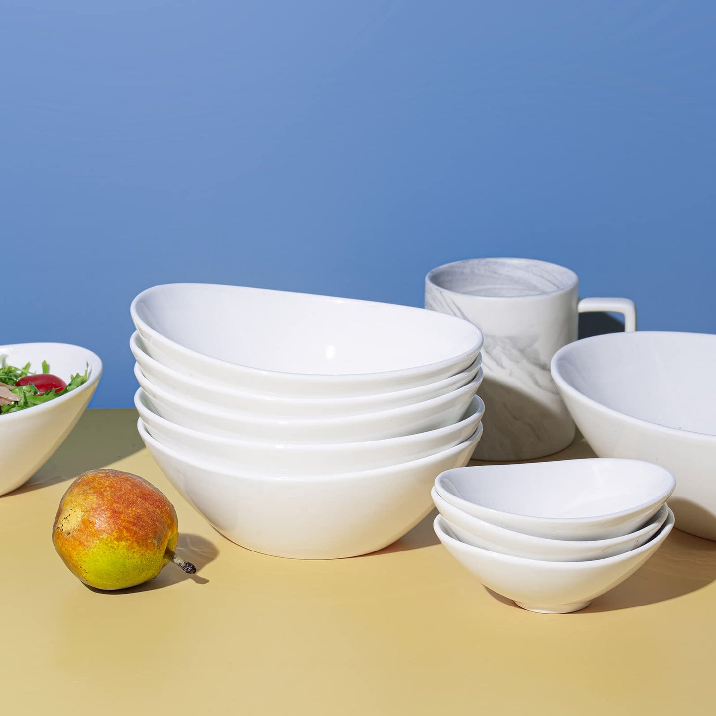 LIFVER Dessert Bowls, 16 Ounce Serving Bowls for Side Salad, Soup, Cereal, Ice Cream, 7 inch Porcelain White Bowls Set, Dishwasher & Microwave Safe Kitchen Bowls, Set of 6