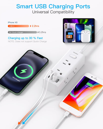 One Beat 10Ft Extension Cord with Multiple Outlets,Flat Plug Power Strip Surge Protector with 10 Ft Long Cord,6 Outlet 4 USB Ports (2USB C),Multi Outlet Wall Plug for Travel,College,Dorm Essentials