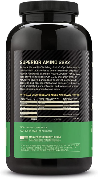 Optimum Nutrition Superior Amino 2222 Tablets, Complete Essential Amino Acids, EAAs, 320 Count