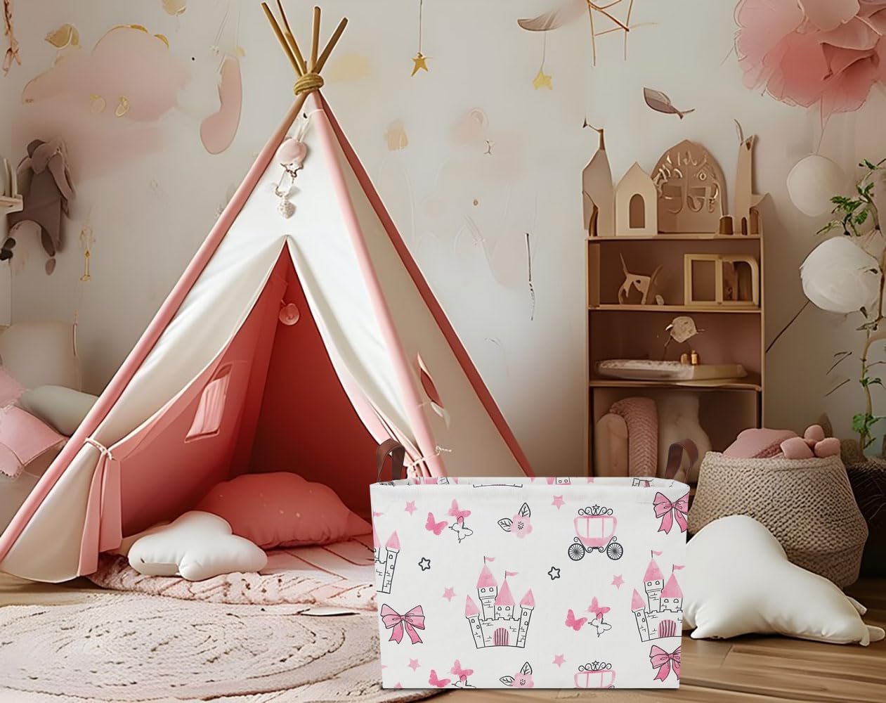 HKEC Rectangle Storage Basket with Handles,Collapsible Storage Bin,Books Box,Gift Basket(Pink Princess)