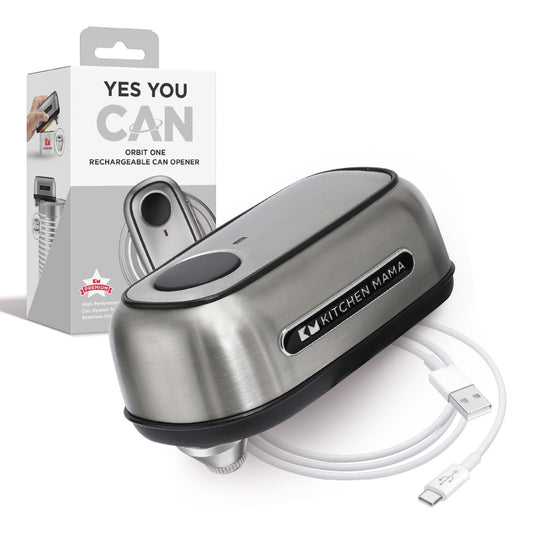 Kitchen Mama Orbit One Stainless Steel Rechargeable Electric Can Opener: Hands-free, USB-C Charging, Automatic Stop, Smooth Edge, Safety, Blade for Large Cans, Heavy Duty, Soda Can and Pop Can