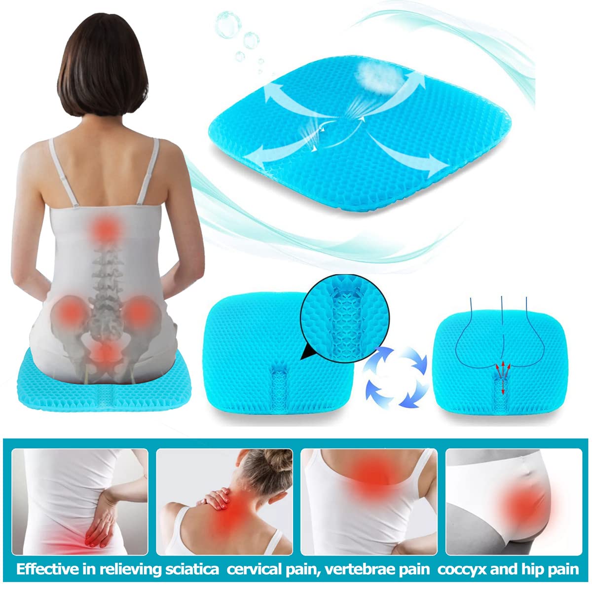masteymoh Gel Seat Cushion for Long Sitting, Gel Cushions for Pressure Sores Relief, 18.5x17.3x1.2 Inches Cooling Gel Car Seat Cushion, Seat Cushions for Office Chairs with Breathable Nonslip Cover