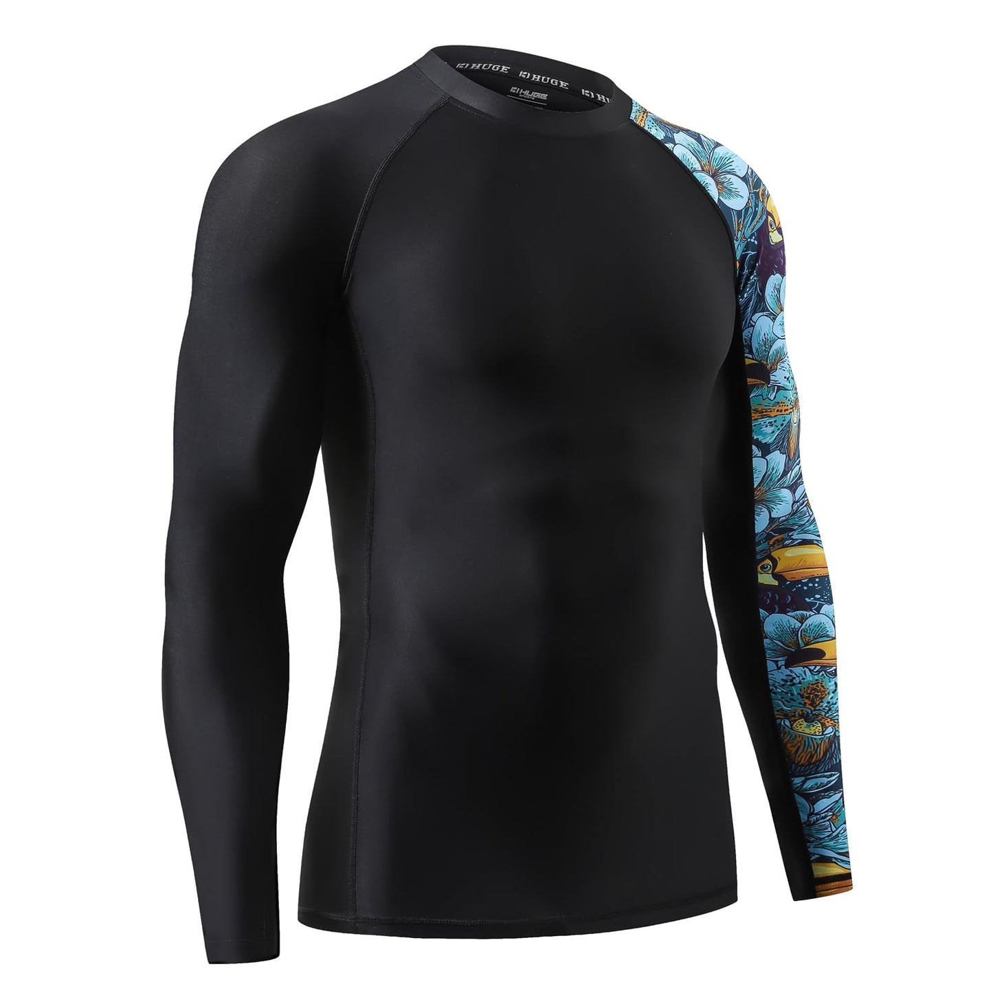 HUGE SPORTS Men's Splice UV Sun Protection UPF 50+ Skins Rash Guard Long Sleeves(HeyToucan, M)