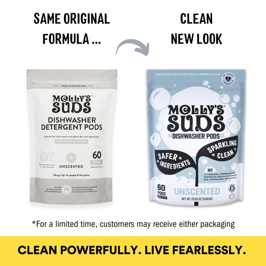 Molly's Suds Dishwasher Pods | Clean Dishwasher Detergent, Cuts Grease & Rinses Clean (Residue-Free) for Sparkling Dishes | 60 Auto-Release Tabs (Unscented)