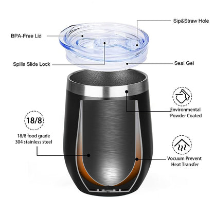 MEZMUT 12 Oz Insulated Wine Tumbler with Lid Double Wall Vacuum Stainless Steel Wine Glass Coffee Mug Insulated Tumbler Cup for Champaign, Cocktail, Beer (Black, 1 Pack)