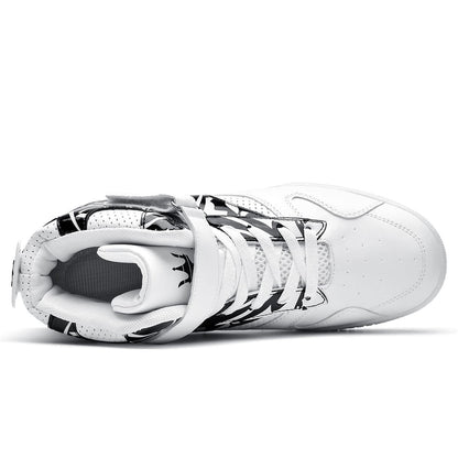 FZUU Men's Fashion High Top Leather Street Sneakers Sports Casual Shoes (8.5, White/Black, Numeric_8_Point_5)