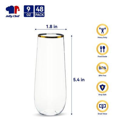 JOLLY CHEF 48 Pack Plastic Champagne Flutes, 9 oz Clear Stemless Champagne Flutes, Plastic Champagne Glasses with Golden Rim, Shatterproof Recyclable Mimosa Glasses for Party Wedding Birthday