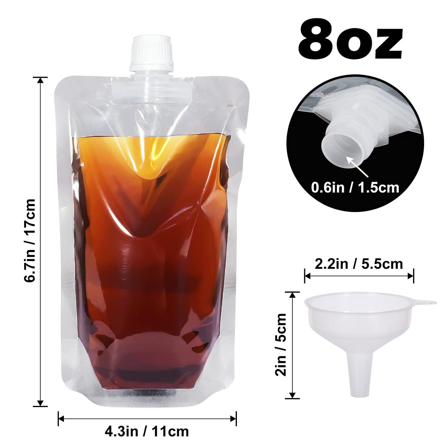 Keon Plastic Pouches - Leak-Proof, Reusable, Flexible Juice Bags, BPA-Free for Travel, Outdoor Sports, Concerts, Events (8OZ - 10PCS + 2 Funnels)