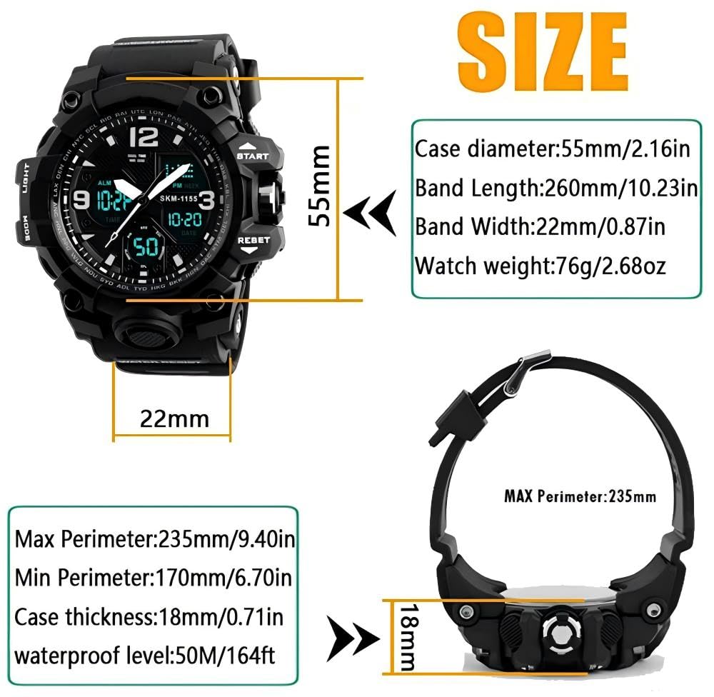 LYMFHCH Men's Analog Sports Watch, LED Military Digital Watch Electronic Stopwatch Large Dual Dial Time Outdoor Army Wrist Watch Tactical