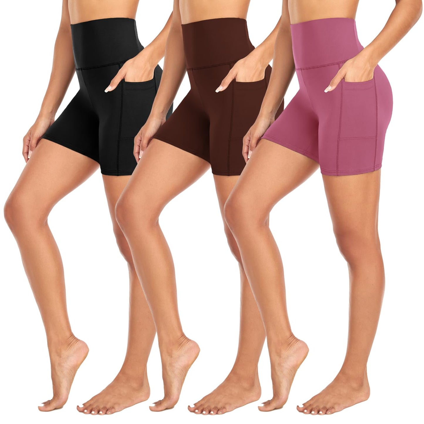MOREFEEL 3 Pack Biker Shorts Women with Pockets – 5" Tummy Control High Waisted Workout Gym Yoga Athletic Shorts