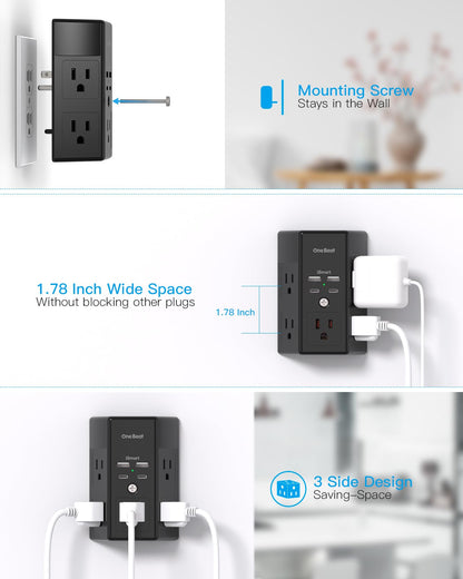 2 Pack Multi Plug Outlet, Surge Protector, 5 Outlet Extender with 4 USB Charging Ports (2 USB C), USB Wall Charger, 3-Sided 1800J Power Strip Outlets Splitter Wall Plug Adapter Spaced for Home,Black