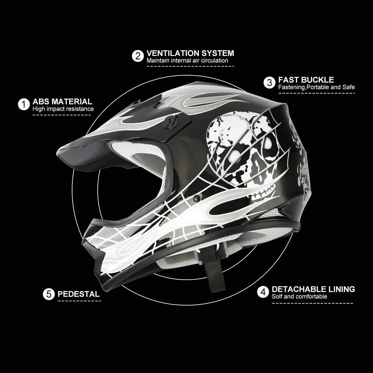 SLMOTO Youth Kids Motocross Offroad Street Helmet Motorcycle Helmet Dirt Bike ATV DOT Approved Black Skull Helmet+Goggles+Gloves Black Skull Design Small