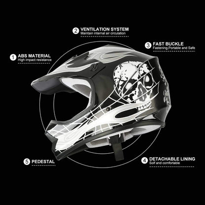 SLMOTO Youth Kids Motocross Offroad Street Helmet Motorcycle Helmet Dirt Bike ATV DOT Approved Black Skull Helmet+Goggles+Gloves Black Skull Design Small
