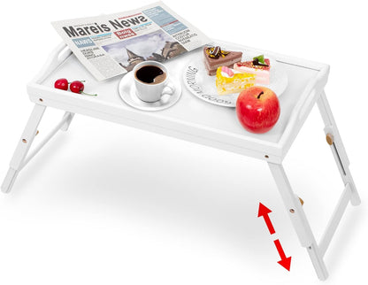 Mayyol Large Breakfast Bed Tray for Eating - Height Adjustable Raised Food Table - Bamboo Serving Tray on Lap Sofa - Portable Snack Platter with Folding Legs Ideal for Bedroom Picnic - White