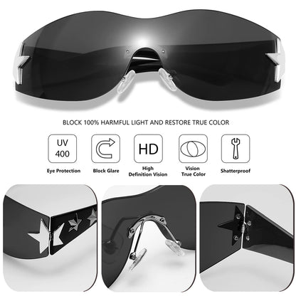 Haqptul Rimless Y2K Sunglasses Star Wrap Around Glasses 2000S Accessories for Women Men Trendy Fashion Cool Shield Shades (Black/White)