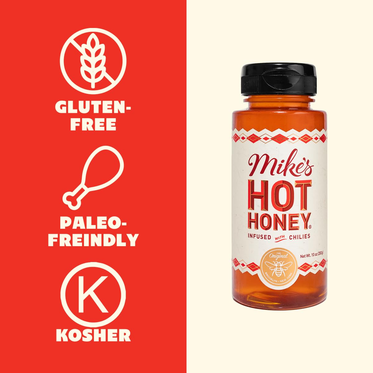 Mike's Hot Honey, America's #1 Brand of Hot Honey, Spicy Honey Infused with Chili Peppers, Certified Kosher, Gluten-Free, Paleo-Friendly, Sweet Heat, Perfect for Hot Sauce Lovers (10oz Bottle, 1 Pack)