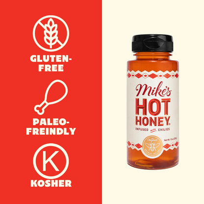 Mike's Hot Honey, America's #1 Brand of Hot Honey, Spicy Honey Infused with Chili Peppers, Certified Kosher, Gluten-Free, Paleo-Friendly, Sweet Heat, Perfect for Hot Sauce Lovers (10oz Bottle, 1 Pack)
