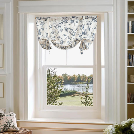 jinchan Tie Up Valance Floral Linen Valance for Windows Farmhouse Valance 54 Inch Damask Printed Short Window Treatment Adjustable for Kitchen Living Room Light Filtering 1 Panel Blue on Beige