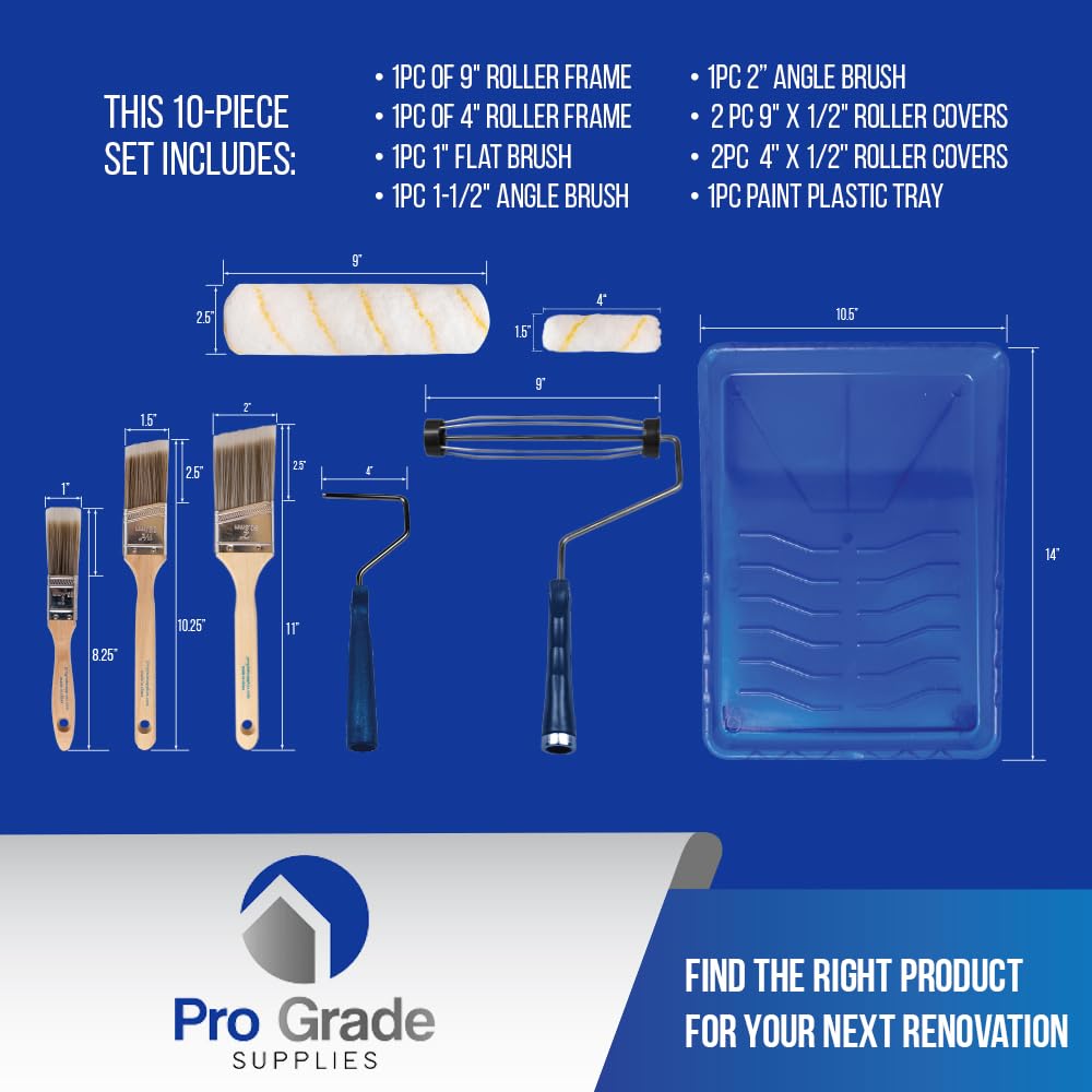 Pro Grade Paint Roller Kit, Brush & Roller,10 Piece Set, Wall Painting Naps for Professionals & Homeowners - All Paints & Stains, Washable, Reusable, Easy to Clean, Superior Absorbency.