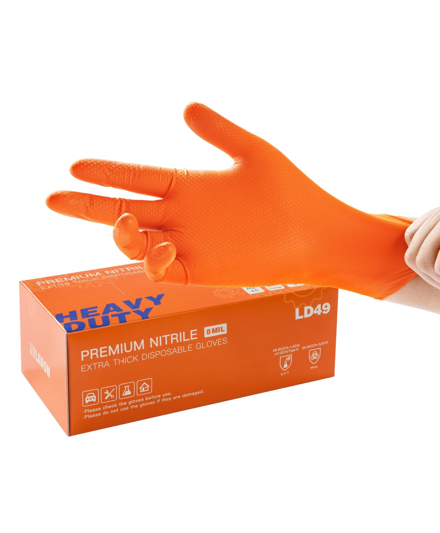 LANON 8mil Orange Disposable Nitrile Gloves, Mechanic, Heavy Duty, Food Safe, Latex Free, Powder Free, Fully-Diamond Textured, Large