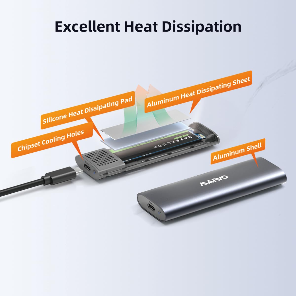 MAIWO M.2 NVMe SSD Enclosure, USB 3.1 GEN2 10Gbps Support UASP Trim, 8TB Capacity, Tool Free M.2 NVMe PCIe SSD to USB C Adapter Reader Case