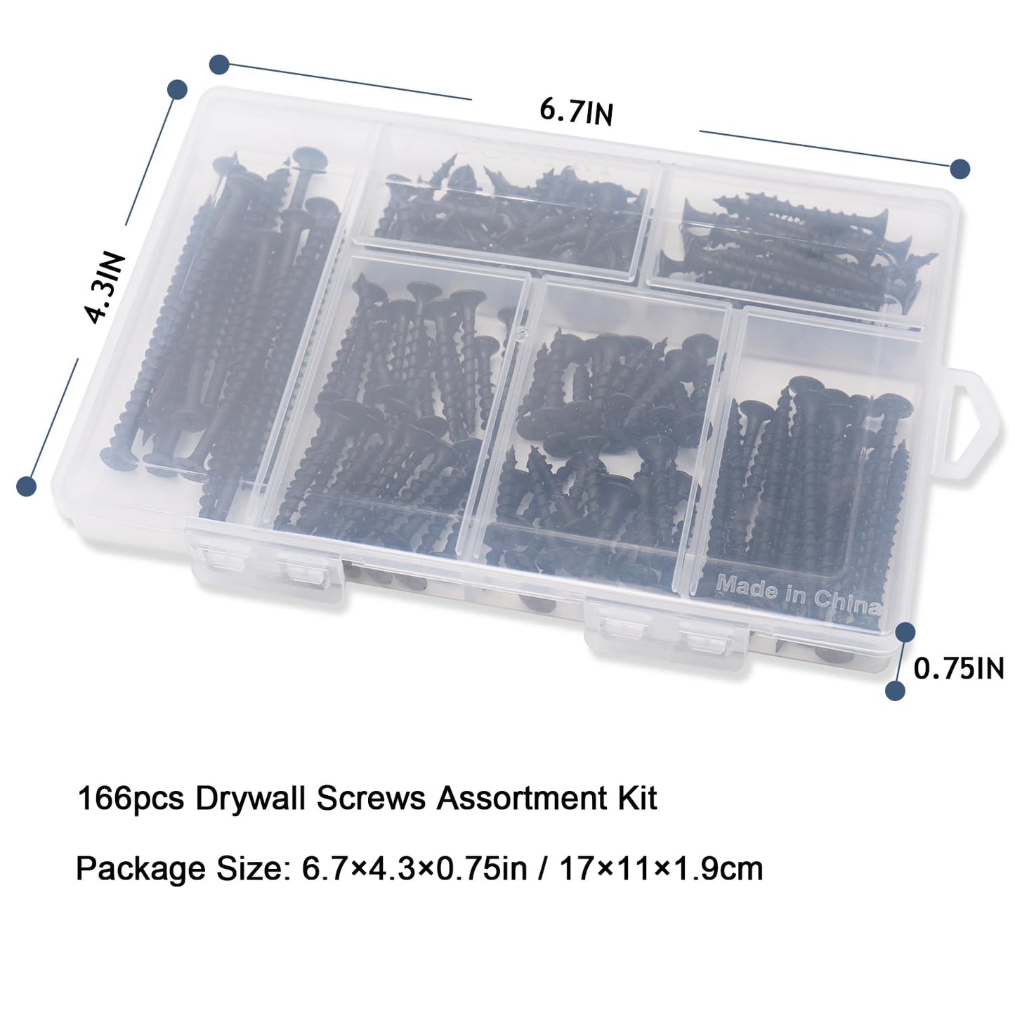 JEGONFRI High Hardness Drywall Screws Assortment Kit, 166 pcs, Coarse Thread, Phillips Drive, Black Wood Screws, Screws Assortment, Screws Set, 6 Sizes (3”,2”,1-1/2”,1-1/4”,1”,3/4”)