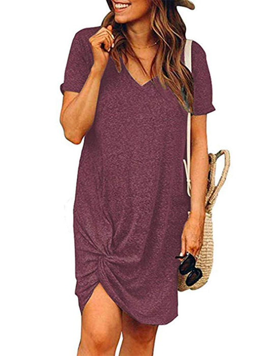 Locryz Women's Knot Front Dress Summer Loose Fit Solid Color T-Shirt Dress XXL Wine Red