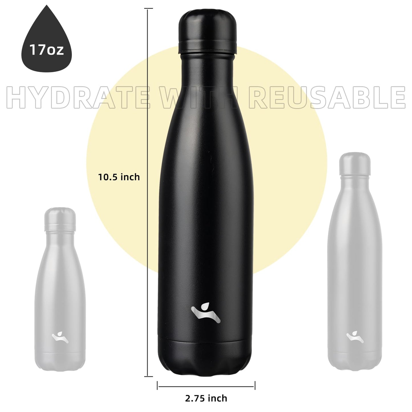 Konokyo Insulated Water Bottles,17 oz Double Wall Stainless Steel Vacumm Metal Flask for Sports Travel,Midnight Black