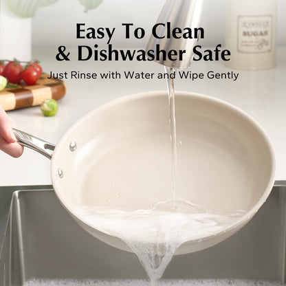 Redchef Nonstick Frying Pans Set, Ceramic Pan Skillet, Non Toxic Pans for Cooking, 8" 9.5" 11" Ceramic Frying Pan Set PFAS & PTFE & PFOA Free with Stay Cool Handle, Dishwasher & Oven Safe, Beige White