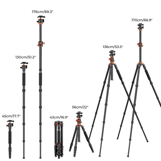 K&F Concept 67 inch Camera Tripod Horizontal Aluminum Tripods Portable Monopod with 360 Degree Ball Head Quick Release Plate for DSLR Cameras T255A4+BH-28L (TM2515T1)