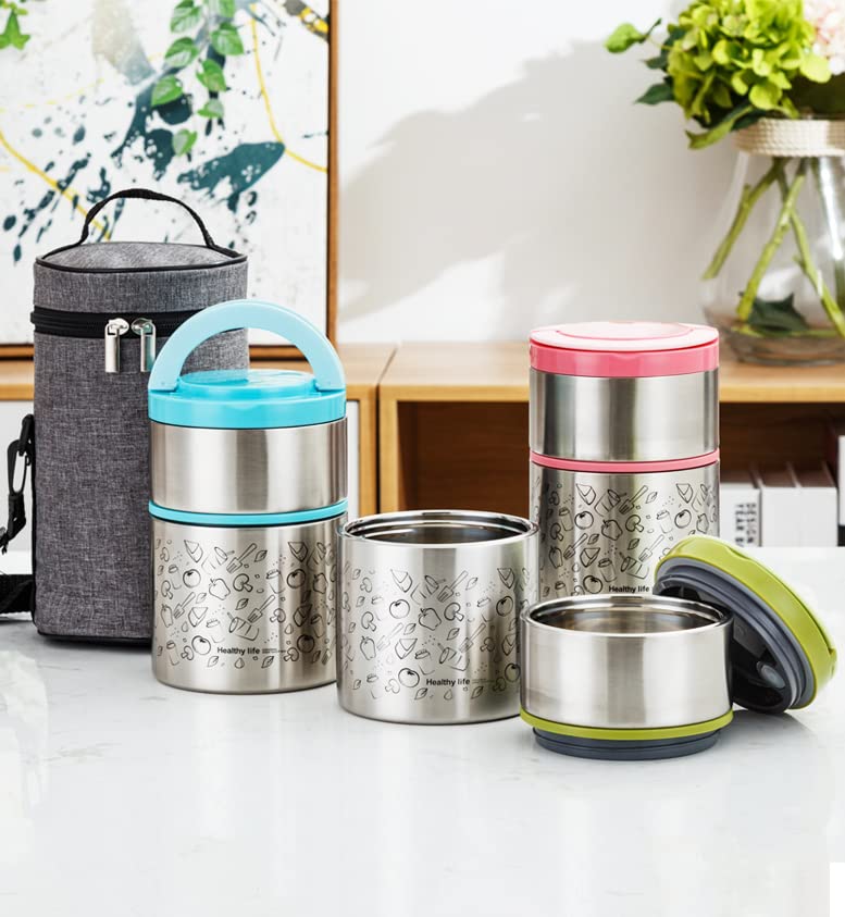 Lille Home Vacuum Insulated Stackable Stainless Steel Thermal Lunch/Snack box, 2-Tier Bento/Food Container with Lunch bag, Smart Diet, Weight Control, 32 Ounces, Pink