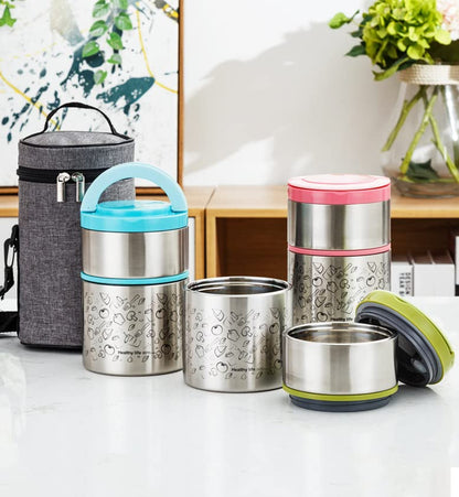 Lille Home Vacuum Insulated Stackable Stainless Steel Thermal Lunch/Snack box, 2-Tier Bento/Food Container with Lunch bag, Smart Diet, Weight Control, 32 Ounces, Pink