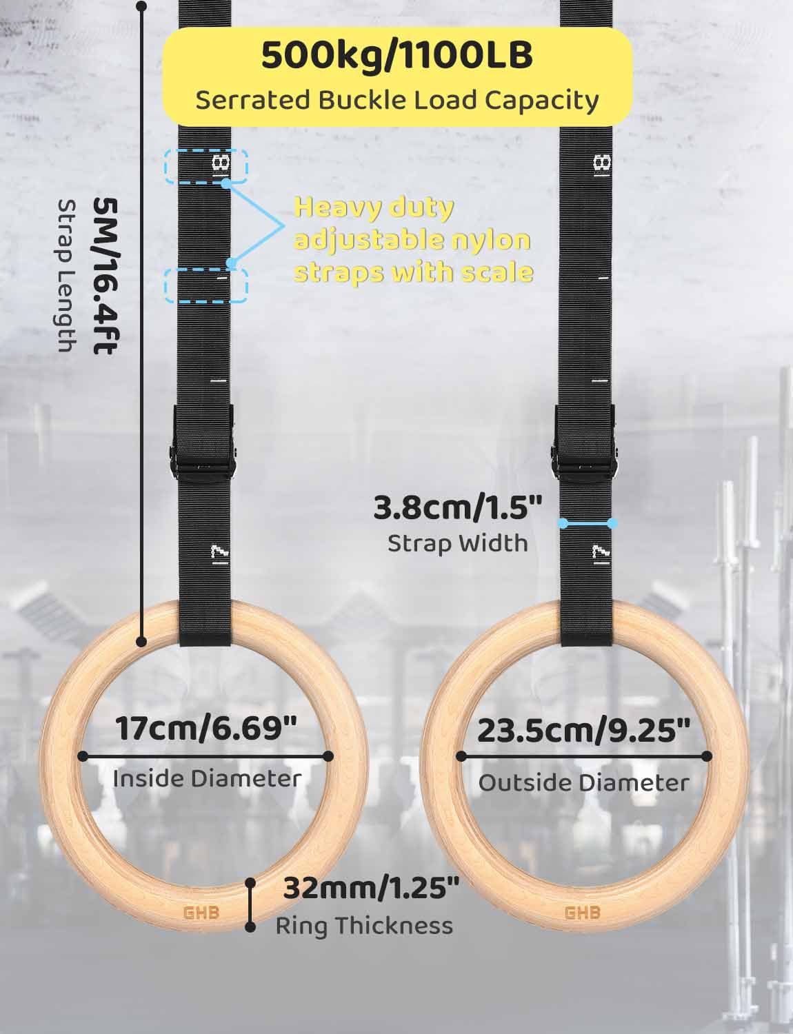 GHB Gymnastic Rings Wooden Gym Rings 1.25" Olympic Rings Adjustable Straps Pull Up Rings Sets for Workout Bodyweight Fitness Training