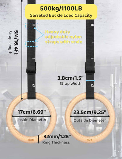 GHB Gymnastic Rings Wooden Gym Rings 1.25" Olympic Rings Adjustable Straps Pull Up Rings Sets for Workout Bodyweight Fitness Training