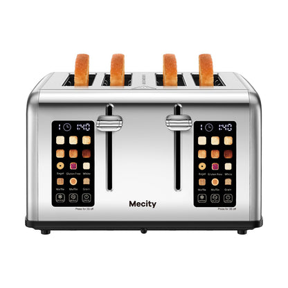 Mecity 4 Slice Toaster with Touch Screen Control, 4 Wide Slots, Stainless Steel Smart Bread Toaster for Bagels, Muffins, Waffles, Dual Control Panel, Timer, Defrost, Reheat, 120V 1650W