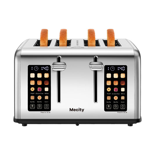 Mecity 4 Slice Toaster with Touch Screen Control, 4 Wide Slots, Stainless Steel Smart Bread Toaster for Bagels, Muffins, Waffles, Dual Control Panel, Timer, Defrost, Reheat, 120V 1650W