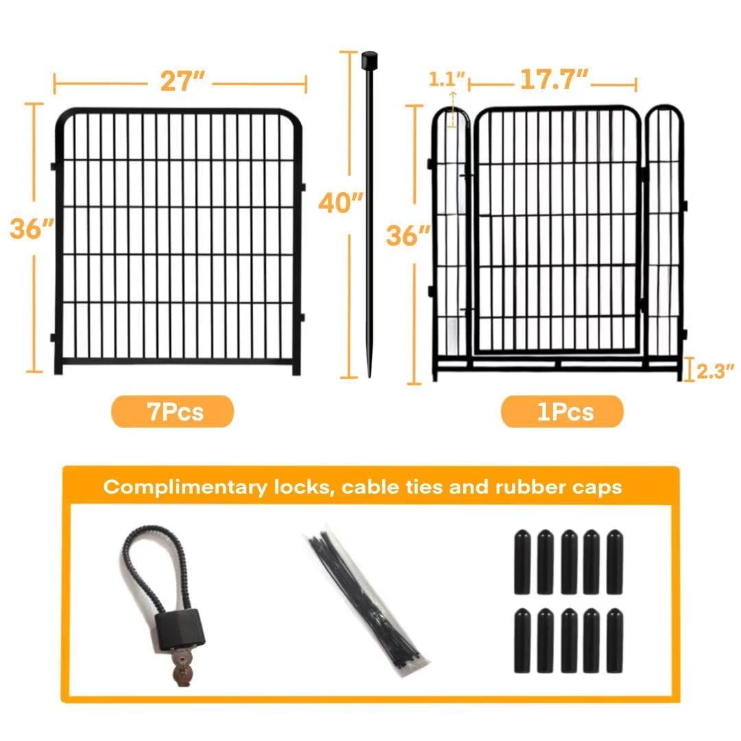 Getlay 36 in(H) Garden Fence With Gate, Wide Gate Low Threshold, 8 Panels Total 17.7 ft(L) Heavy Duty Iron Animal Barrier Fence For Yard, Suitable For Indoor Or Outdoor Dog Fencing,Garden Border Fence