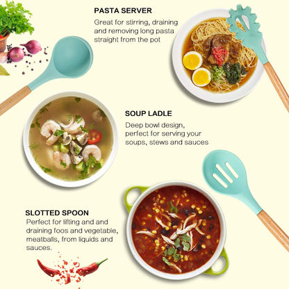 MIBOTE Silicone Cooking Kitchen Utensils Set with Holder, Wooden Handles Cooking Tool BPA Free Turner Tongs Spatula Spoon Kitchen Gadgets Set for Nonstick Cookware (Teal)