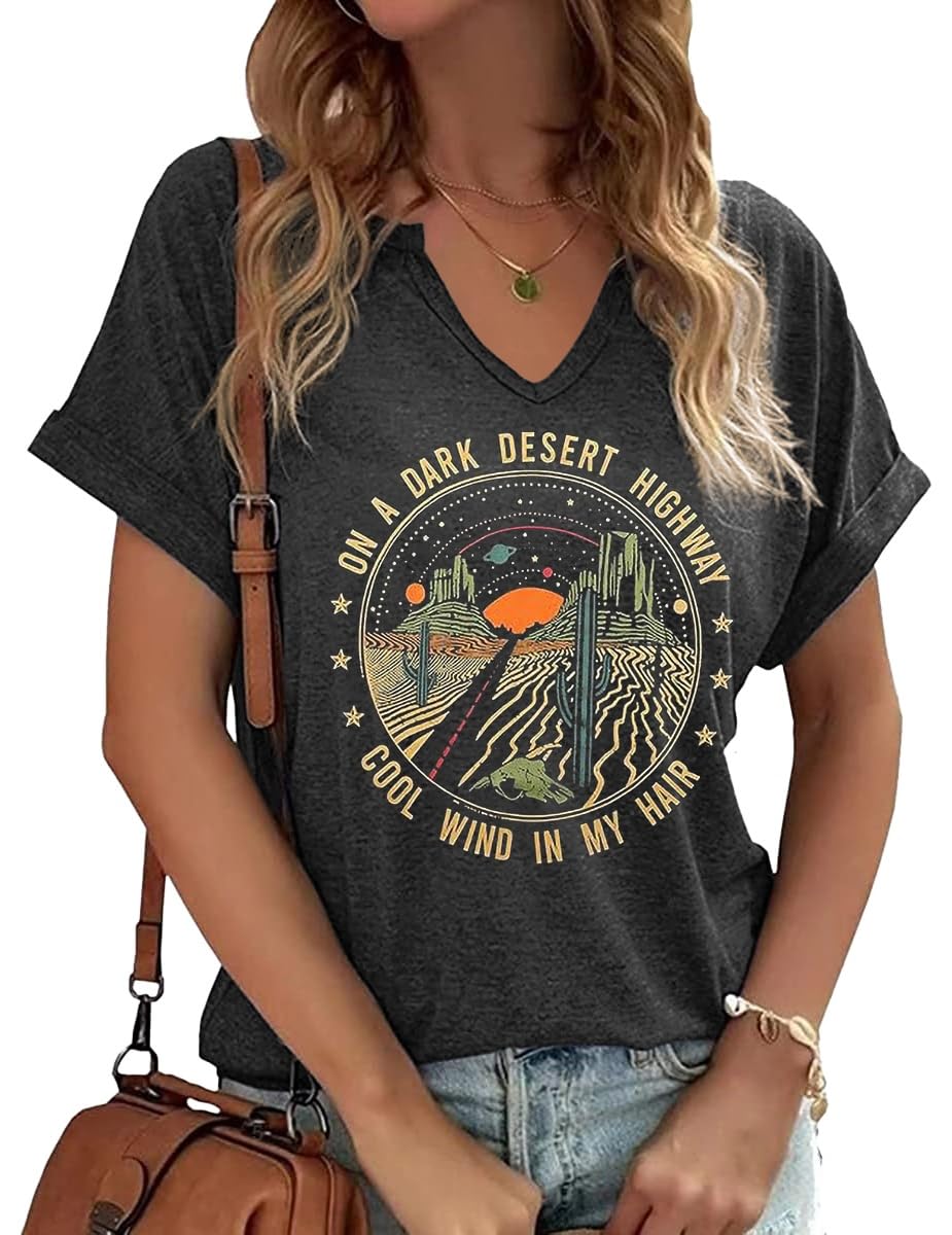 Adventure V Neck Shirts Women Retro Desert Highway T-Shirt Funny Nature Graphic Tee Casual Short Sleeve Fall Tee Tops(L,S-Grey)