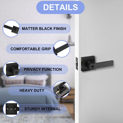 RAZCC Privacy Door Levers, 6 Pack Matte Black Door Handles, Bed and Bath Door Locksets Heavy Duty Keyless Interior Handles, Reversible for Left Right Handed Doors