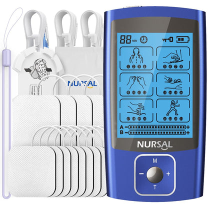 NURSAL TENS EMS Unit Muscle Stimulator for Pain Relief Therapy, Electric 24 Modes Dual Channel TENS Machine Pulse Massager with 12 Pcs Electrode Pads/Continuous Stable Mode/Memory Function