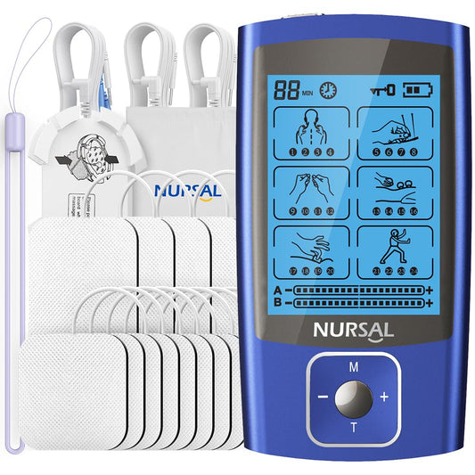 NURSAL TENS EMS Unit Muscle Stimulator for Pain Relief Therapy, Electric 24 Modes Dual Channel TENS Machine Pulse Massager with 12 Pcs Electrode Pads/Continuous Stable Mode/Memory Function
