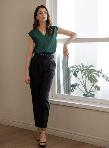 EVALESS Tank Tops for Women Trendy 2025 V Neck Pleated Sleeveless Shirts Loose Fit Summer Basic Work Vest Sea Green M