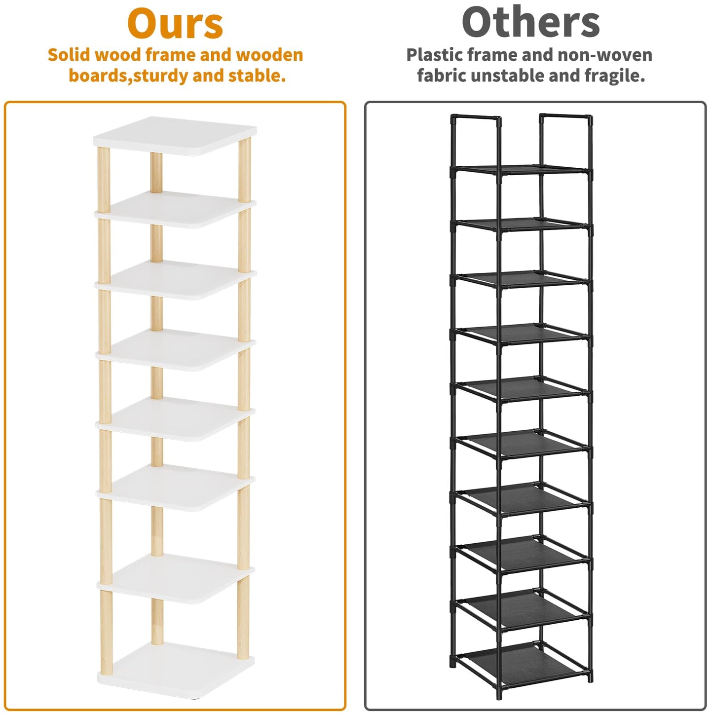 LUCKNOCK Vertical Shoe Rack, 8-Tier Tall Narrow Shoe Organizer for Entryway, Closet, Dorm & Small Spaces, Freestanding White Wooden Shoe Shelf Tower for Boots, Sneakers, Heels.