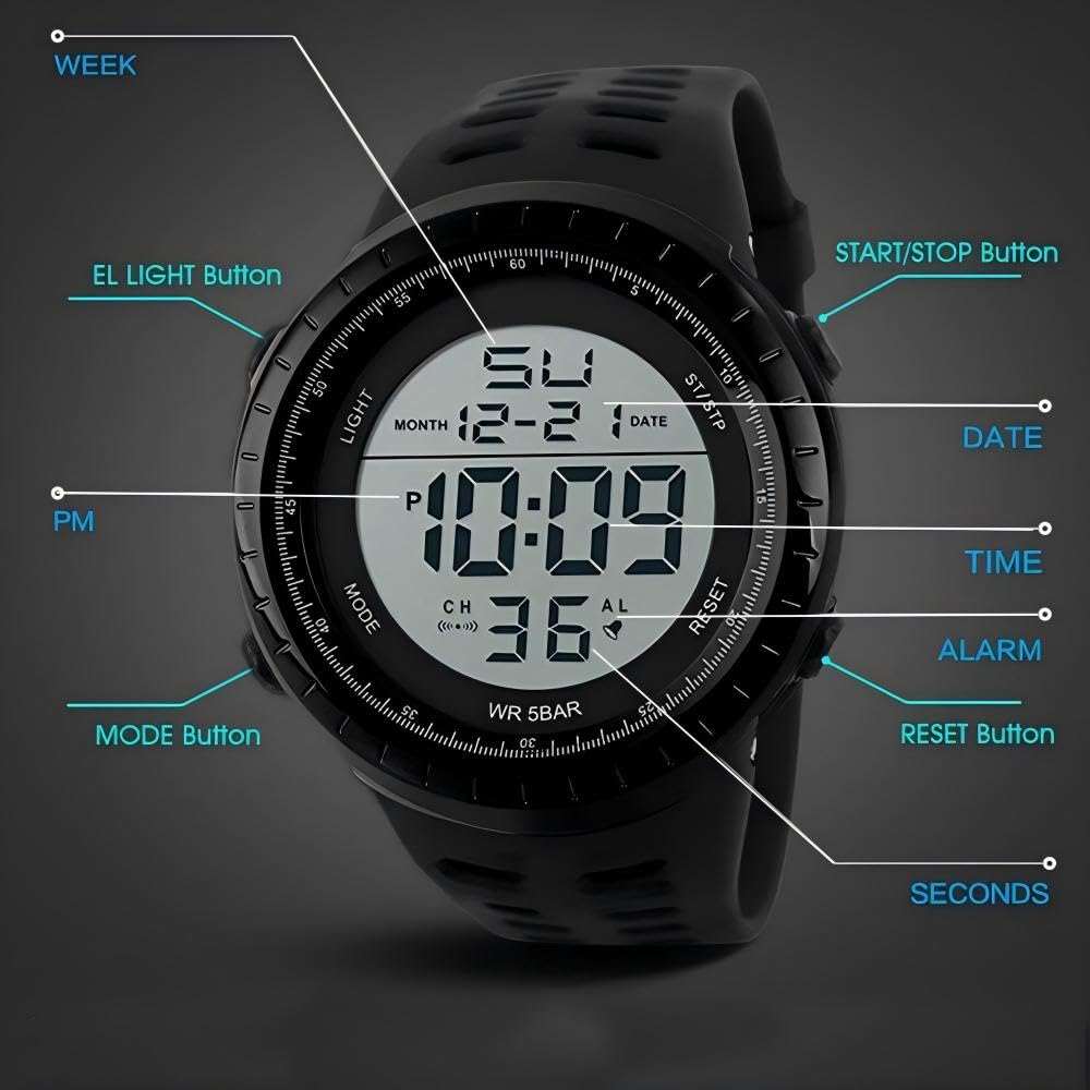 LYMFHCH Men's Digital Watch, Sports Waterproof Military Watches for Men LED Casual Stopwatch Alarm Tactical Army Watch