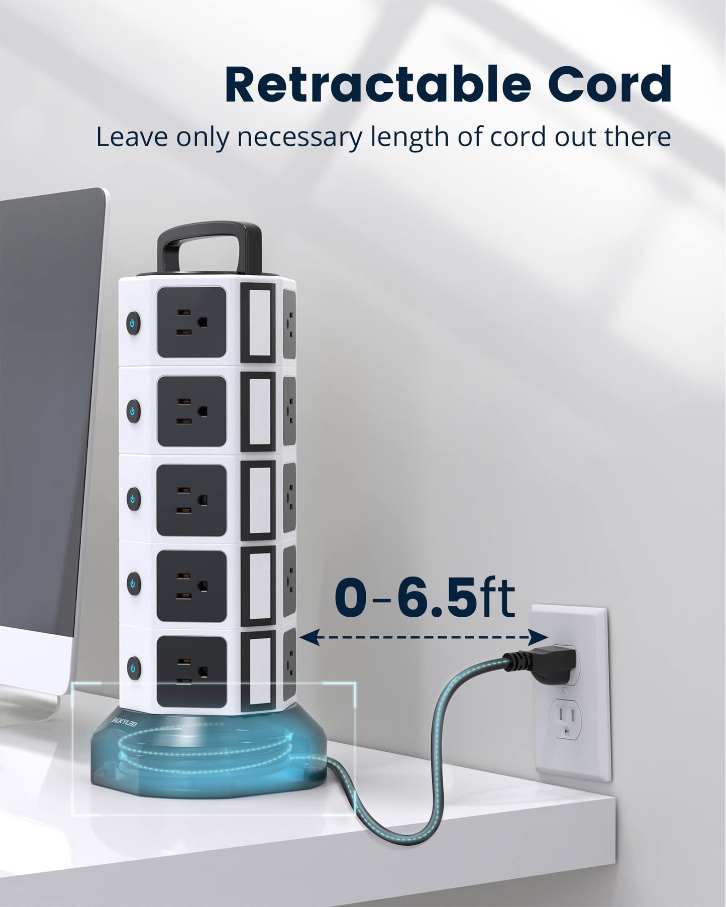 Power Strip Tower Surge Protector, JACKYLED 20 Outlets 6 USB (2 USB C) Charging Station, Extension Cord with Multiple Outlets, 1050J 1625W/13A Outlet Extender 6.5ft Extension Cord for Home Office